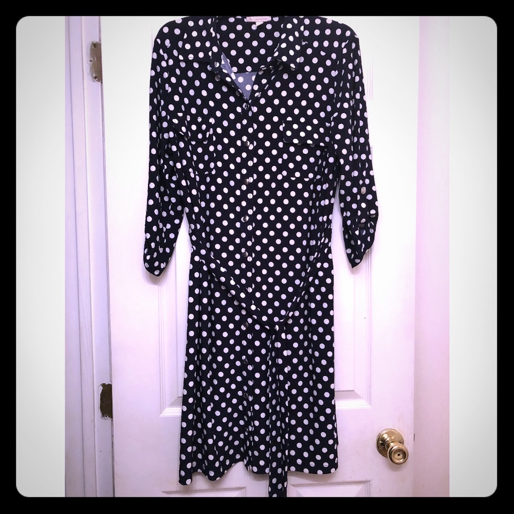 Slimming Navy Blue and White Polka Dot Dress